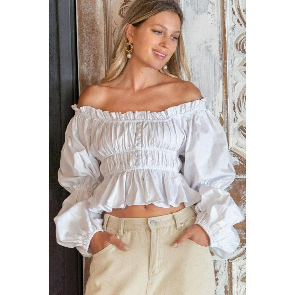 Sale! POL
Off Shoulder White Cropped Long Sleeve Blouse Ruffles Puff Sleeve Top
